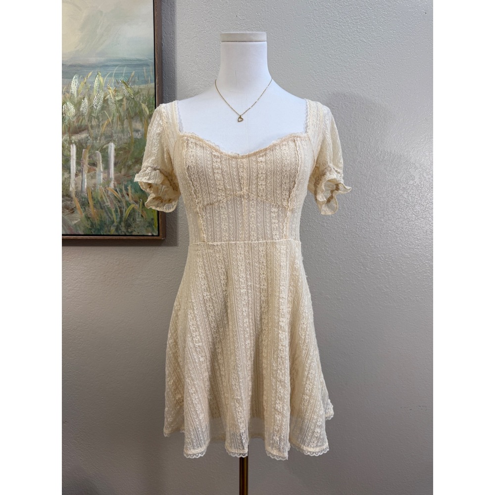 Urban Outfitters Ivory Lace Babydoll Mini Dress Fairycore Puff‎ Sleeve Size M